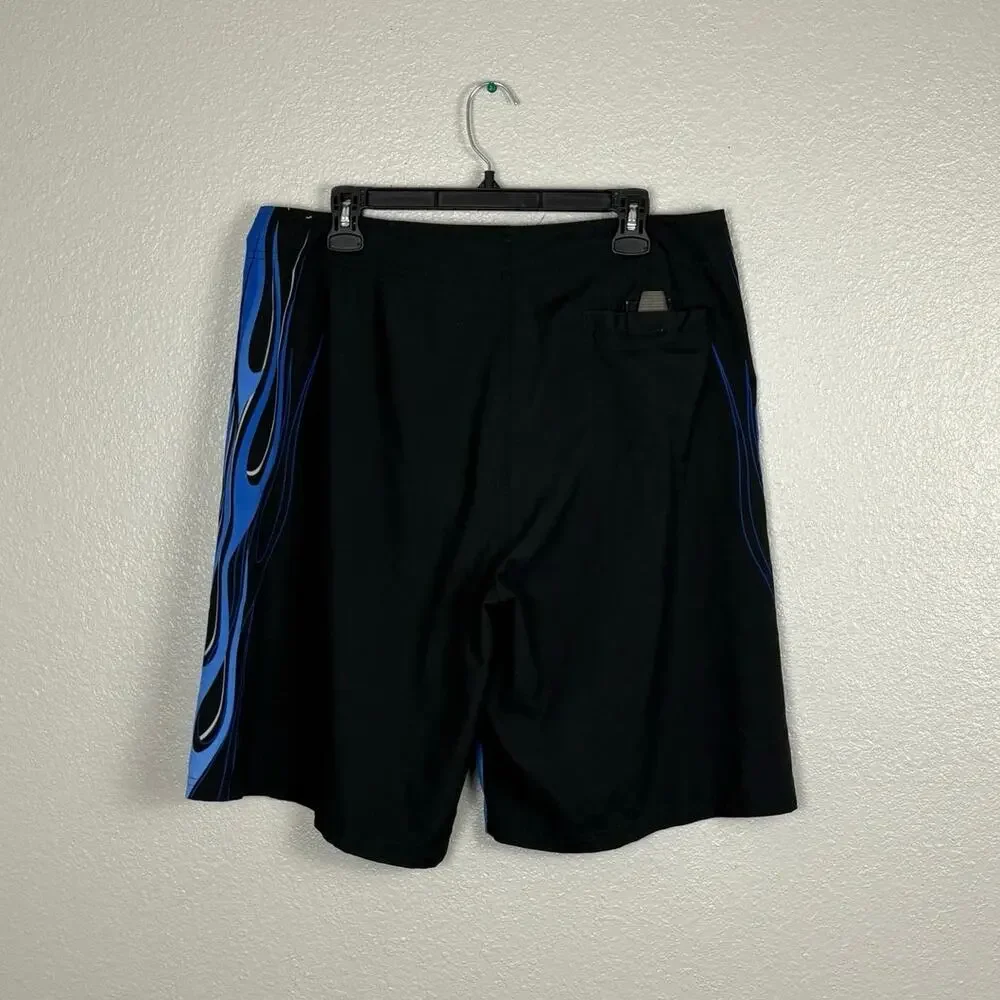 No Boundaries 2010s Size 36 Blue Black Flame Print Polyester Men’s Swimtrunks